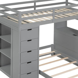 HomeRoots Gray Twin Over Twin Solid Wood Bunk Bed with Built-In Desk, Storage Drawers & Safety Guardrails 606622