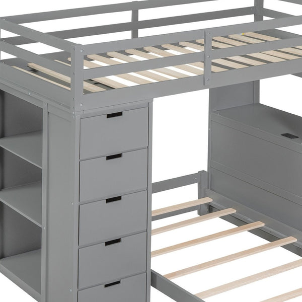 HomeRoots Gray Twin Over Twin Solid Wood Bunk Bed with Built-In Desk, Storage Drawers & Safety Guardrails 606622