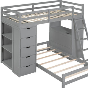 HomeRoots Gray Twin Over Twin Solid Wood Bunk Bed with Built-In Desk, Storage Drawers & Safety Guardrails 606622