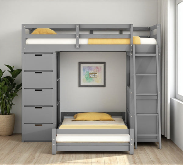 HomeRoots Gray Twin Over Twin Solid Wood Bunk Bed with Built-In Desk, Storage Drawers & Safety Guardrails 606622