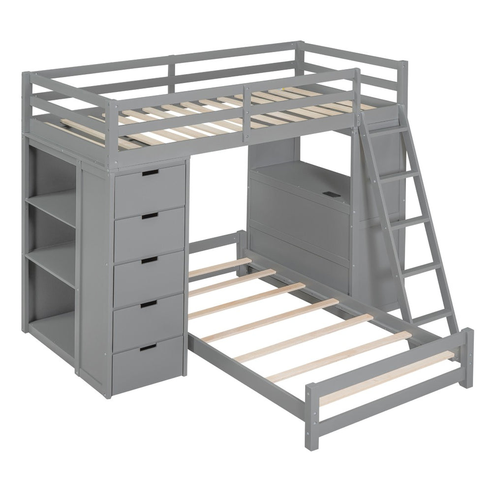 HomeRoots Gray Twin Over Twin Solid Wood Bunk Bed with Built-In Desk, Storage Drawers & Safety Guardrails 606622
