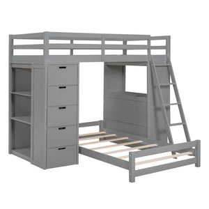 HomeRoots Gray Twin Over Twin Solid Wood Bunk Bed with Built-In Desk, Storage Drawers & Safety Guardrails 606622