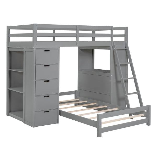 HomeRoots Gray Twin Over Twin Solid Wood Bunk Bed with Built-In Desk, Storage Drawers & Safety Guardrails 606622