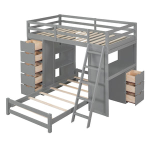 HomeRoots Gray Twin Over Twin Solid Wood Bunk Bed with Built-In Desk, Storage Drawers & Safety Guardrails 606622
