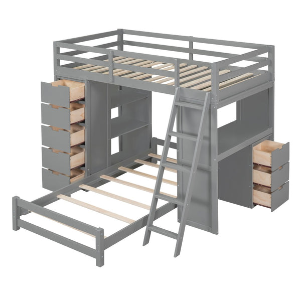 HomeRoots Gray Twin Over Twin Solid Wood Bunk Bed with Built-In Desk, Storage Drawers & Safety Guardrails 606622