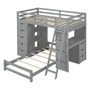 HomeRoots Gray Twin Over Twin Solid Wood Bunk Bed with Built-In Desk, Storage Drawers & Safety Guardrails 606622