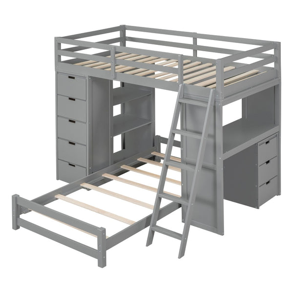 HomeRoots Gray Twin Over Twin Solid Wood Bunk Bed with Built-In Desk, Storage Drawers & Safety Guardrails 606622