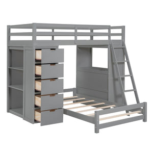 HomeRoots Gray Twin Over Twin Solid Wood Bunk Bed with Built-In Desk, Storage Drawers & Safety Guardrails 606622