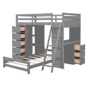 HomeRoots Gray Twin Over Twin Solid Wood Bunk Bed with Built-In Desk, Storage Drawers & Safety Guardrails 606622