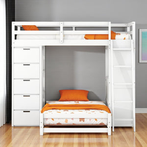 HomeRoots White Twin Over Twin Solid Wood Bunk Bed Set with Integrated Desk, Drawers, and Smart Storage Solutions 606623