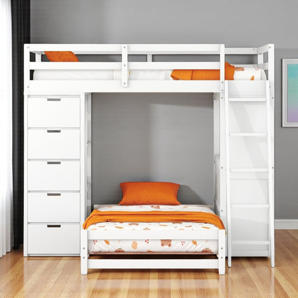 HomeRoots White Twin Over Twin Solid Wood Bunk Bed Set with Integrated Desk, Drawers, and Smart Storage Solutions 606623