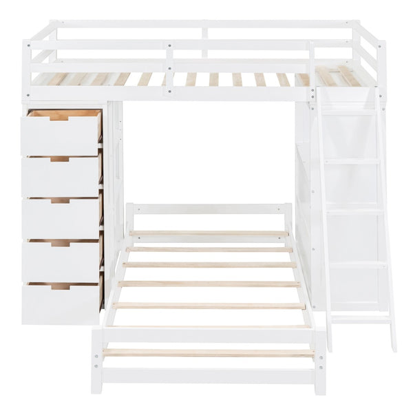 HomeRoots White Twin Over Twin Solid Wood Bunk Bed Set with Integrated Desk, Drawers, and Smart Storage Solutions 606623