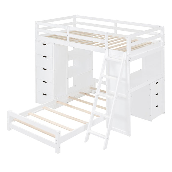 HomeRoots White Twin Over Twin Solid Wood Bunk Bed Set with Integrated Desk, Drawers, and Smart Storage Solutions 606623