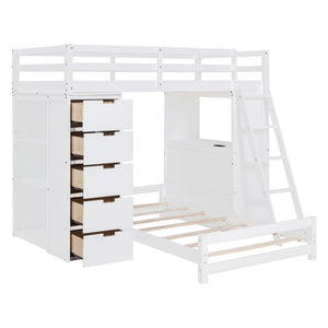 HomeRoots White Twin Over Twin Solid Wood Bunk Bed Set with Integrated Desk, Drawers, and Smart Storage Solutions 606623