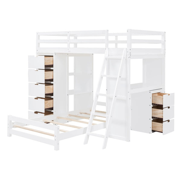 HomeRoots White Twin Over Twin Solid Wood Bunk Bed Set with Integrated Desk, Drawers, and Smart Storage Solutions 606623