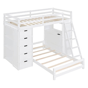 HomeRoots White Twin Over Twin Solid Wood Bunk Bed Set with Integrated Desk, Drawers, and Smart Storage Solutions 606623