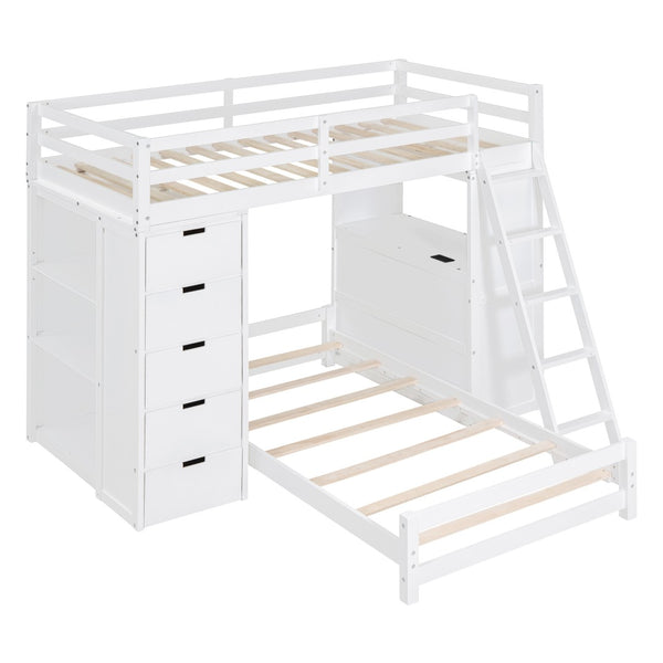 HomeRoots White Twin Over Twin Solid Wood Bunk Bed Set with Integrated Desk, Drawers, and Smart Storage Solutions 606623