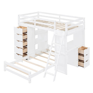 HomeRoots White Twin Over Twin Solid Wood Bunk Bed Set with Integrated Desk, Drawers, and Smart Storage Solutions 606623