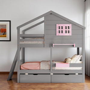 HomeRoots Gray Twin Over Twin Solid Wood Bunk Bed with Storage Drawers - Stylish, Safe, and Space-Saving Solution 606624