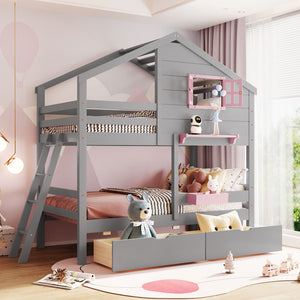 HomeRoots Gray Twin Over Twin Solid Wood Bunk Bed with Storage Drawers - Stylish, Safe, and Space-Saving Solution 606624