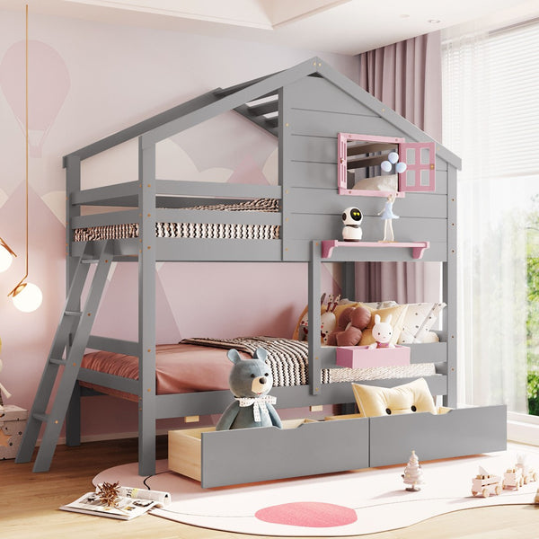 HomeRoots Gray Twin Over Twin Solid Wood Bunk Bed with Storage Drawers - Stylish, Safe, and Space-Saving Solution 606624
