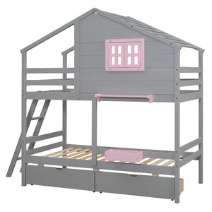 HomeRoots Gray Twin Over Twin Solid Wood Bunk Bed with Storage Drawers - Stylish, Safe, and Space-Saving Solution 606624