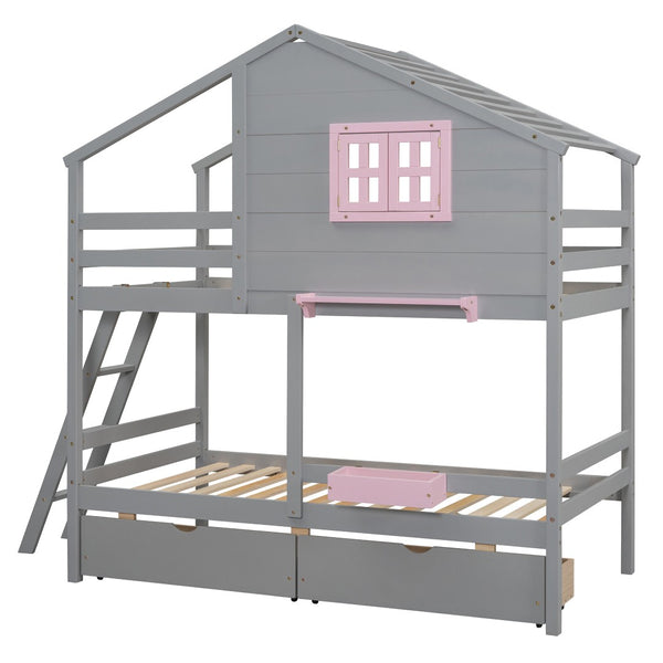 HomeRoots Gray Twin Over Twin Solid Wood Bunk Bed with Storage Drawers - Stylish, Safe, and Space-Saving Solution 606624