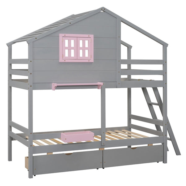 HomeRoots Gray Twin Over Twin Solid Wood Bunk Bed with Storage Drawers - Stylish, Safe, and Space-Saving Solution 606624