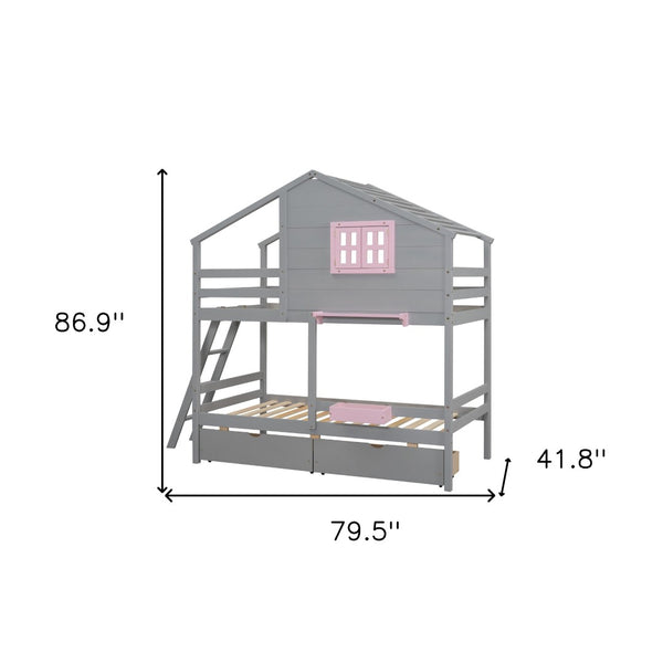 HomeRoots Gray Twin Over Twin Solid Wood Bunk Bed with Storage Drawers - Stylish, Safe, and Space-Saving Solution 606624