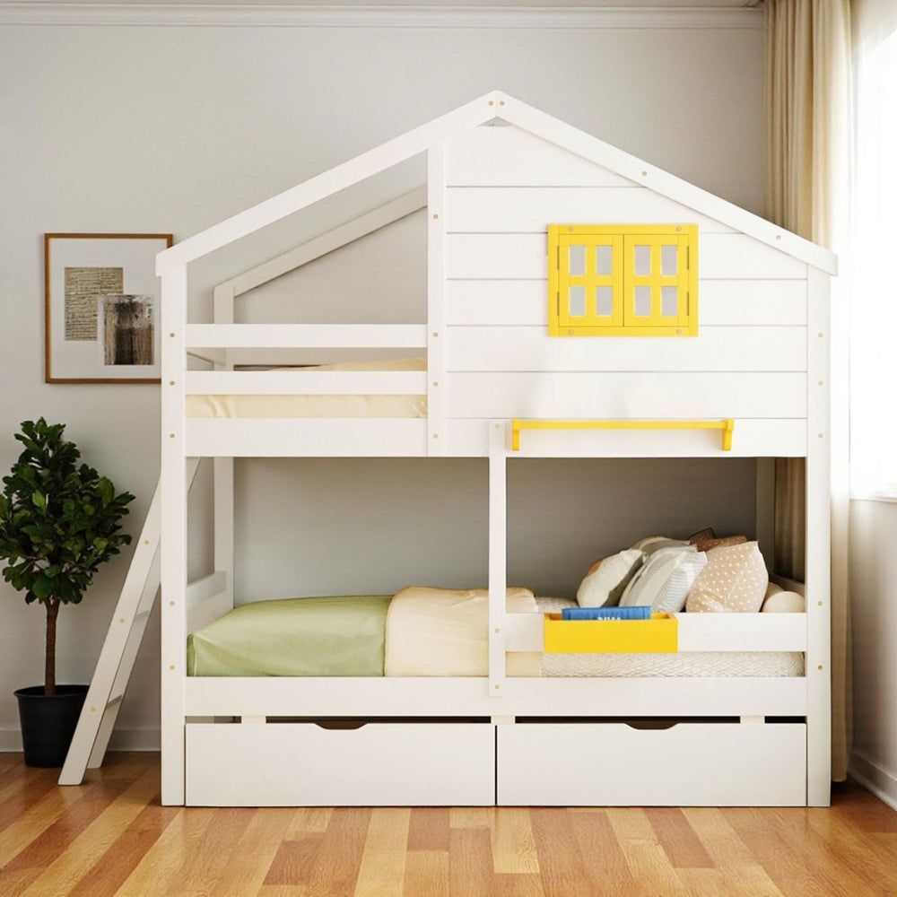 HomeRoots White Twin Over Twin Solid Wood Bunk Bed with Drawers - Stylish Space-Saving Solution for Kids! 606625