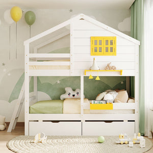 HomeRoots White Twin Over Twin Solid Wood Bunk Bed with Drawers - Stylish Space-Saving Solution for Kids! 606625