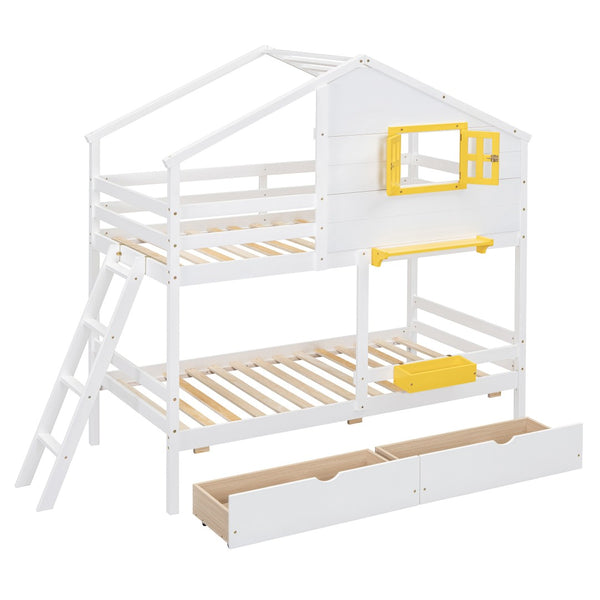 HomeRoots White Twin Over Twin Solid Wood Bunk Bed with Drawers - Stylish Space-Saving Solution for Kids! 606625
