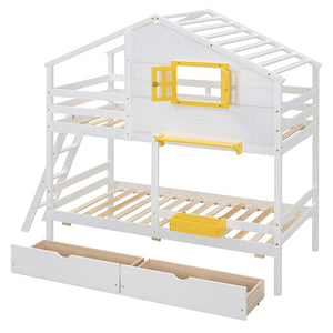 HomeRoots White Twin Over Twin Solid Wood Bunk Bed with Drawers - Stylish Space-Saving Solution for Kids! 606625