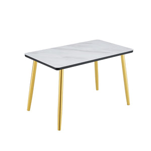 English Elm Modern Marble Look Glass Top Dining Table with Gold Tapered Legs Seats Six W1151S04619