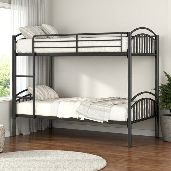 HomeRoots Black Twin Over Twin Metal Bunk Bed – Space-Saving Design, Safety Features & Versatile Use for Kids! 606626