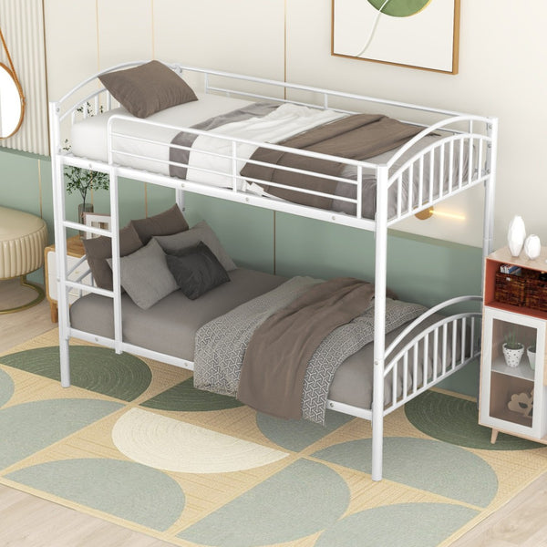 HomeRoots White Twin Over Twin Metal Bunk Bed - Stylish Space-Saving Design with Safety Features for Kids' Rooms 606627