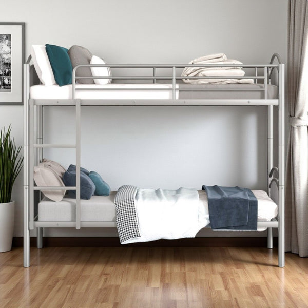 HomeRoots Silver Stylish Twin Over Twin Metal Bunk Bed - Space-Saving Design with Safety Features & Versatility 606628