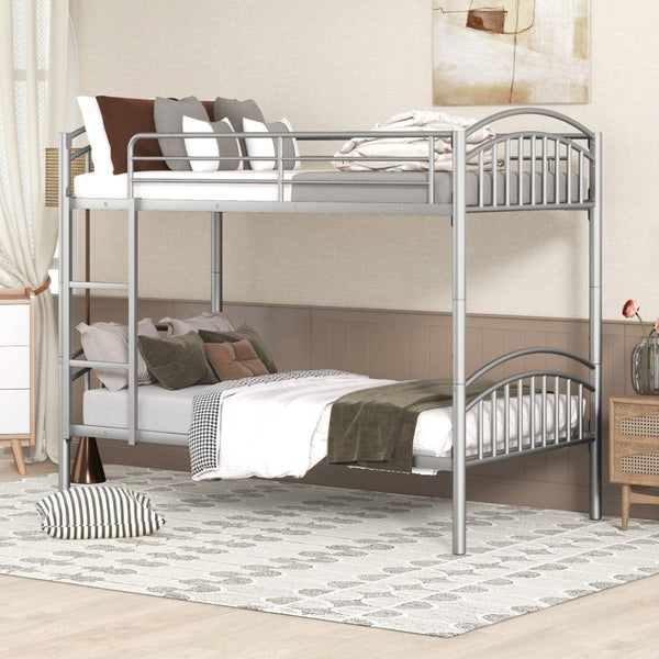 HomeRoots Silver Stylish Twin Over Twin Metal Bunk Bed - Space-Saving Design with Safety Features & Versatility 606628