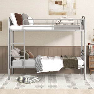 HomeRoots Silver Stylish Twin Over Twin Metal Bunk Bed - Space-Saving Design with Safety Features & Versatility 606628