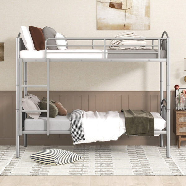 HomeRoots Silver Stylish Twin Over Twin Metal Bunk Bed - Space-Saving Design with Safety Features & Versatility 606628