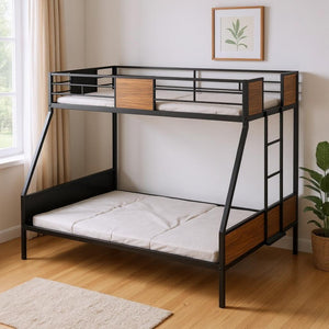 HomeRoots Walnut Twin Over Twin Metal Bunk Bed - Stylish, Space-Saving Design with Safety Features for Kids 606630