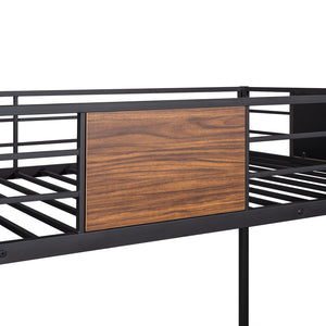 HomeRoots Walnut Twin Over Twin Metal Bunk Bed - Stylish, Space-Saving Design with Safety Features for Kids 606630