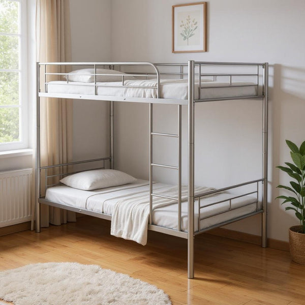 HomeRoots Silver Twin Over Twin Metal Bunk Bed - Stylish Space-Saving Design, Sturdy for Kids, Safe & Durable 606633