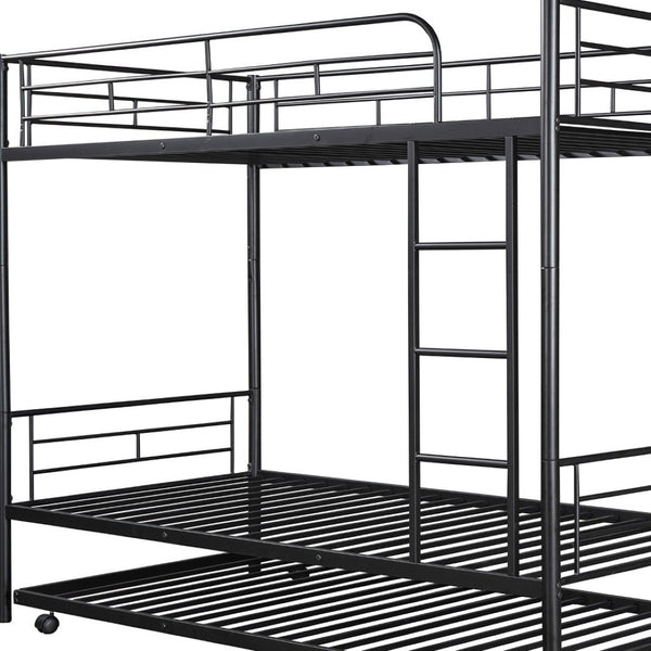 HomeRoots Black Twin Over Twin Metal Bunk Bed with Trundle - Space-Saving Design, Modern Style & Safety Features 606634