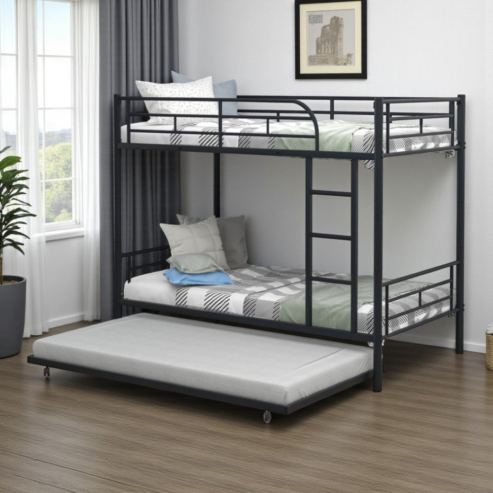 HomeRoots Black Twin Over Twin Metal Bunk Bed with Trundle - Space-Saving Design, Modern Style & Safety Features 606634