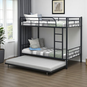 HomeRoots Black Twin Over Twin Metal Bunk Bed with Trundle - Space-Saving Design, Modern Style & Safety Features 606634