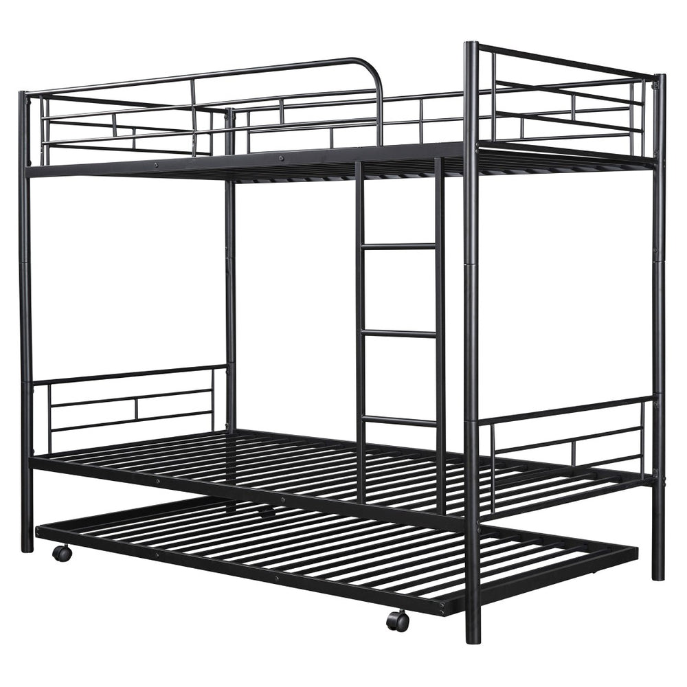 HomeRoots Black Twin Over Twin Metal Bunk Bed with Trundle - Space-Saving Design, Modern Style & Safety Features 606634