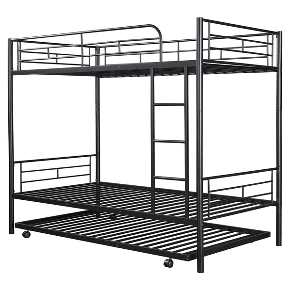 HomeRoots Black Twin Over Twin Metal Bunk Bed with Trundle - Space-Saving Design, Modern Style & Safety Features 606634