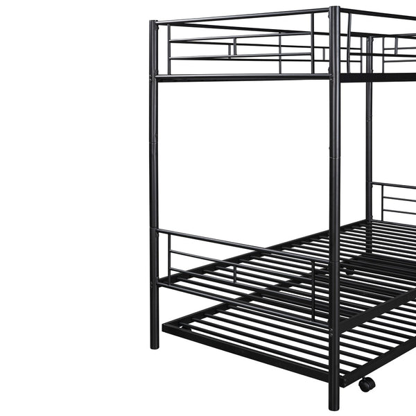 HomeRoots Black Twin Over Twin Metal Bunk Bed with Trundle - Space-Saving Design, Modern Style & Safety Features 606634