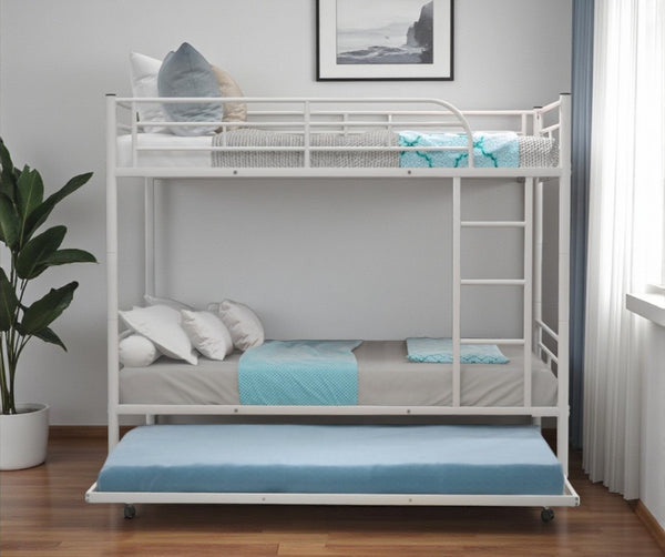 HomeRoots White Twin Over Twin Metal Bunk Bed with Trundle - Stylish, Durable Design for Kids and Teens' Rooms 606635